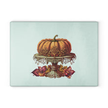 Load image into Gallery viewer, Pumpkin on ornate gold cake stand surrounded by autumn leaves, 11x15 inch tempered glass cutting board Halloween decor, thanksgiving decorations