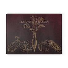 Load image into Gallery viewer, Burgundy glass cutting board with gold line art vegetables and Harvest Season lettering, 11x15 inch tempered glass kitchen decorations Fall Thanksgiving cutting boards