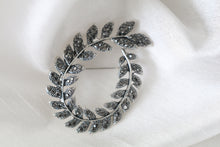 Load image into Gallery viewer, Silver leaf wreath brooch with sparkling stones, 2 1/8 x 1 1/2 inch vintage inspired jewelry pin for women.