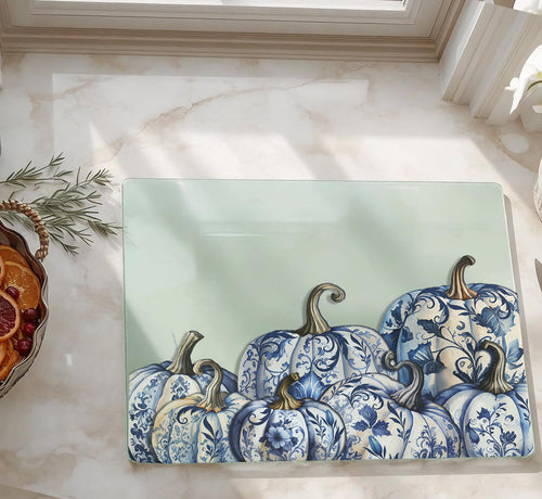 Blue and white Chinoiserie pumpkin glass cutting board, 11x15 inch tempered glass with rubber feet