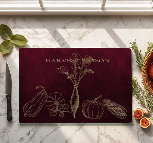 Burgundy glass cutting board with gold line art vegetables and Harvest Season lettering, 11x15 inch tempered glass kitchen decorations Fall Thanksgiving cutting boards