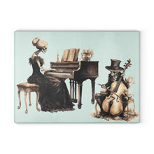Load image into Gallery viewer, Elegant skeleton woman playing piano and skeleton cellist in tuxedo, 11x15 inch tempered glass cutting board Halloween Decorations
