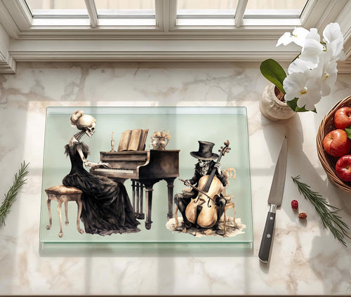 Elegant skeleton woman playing piano and skeleton cellist in tuxedo, 11x15 inch tempered glass cutting board Halloween Decorations